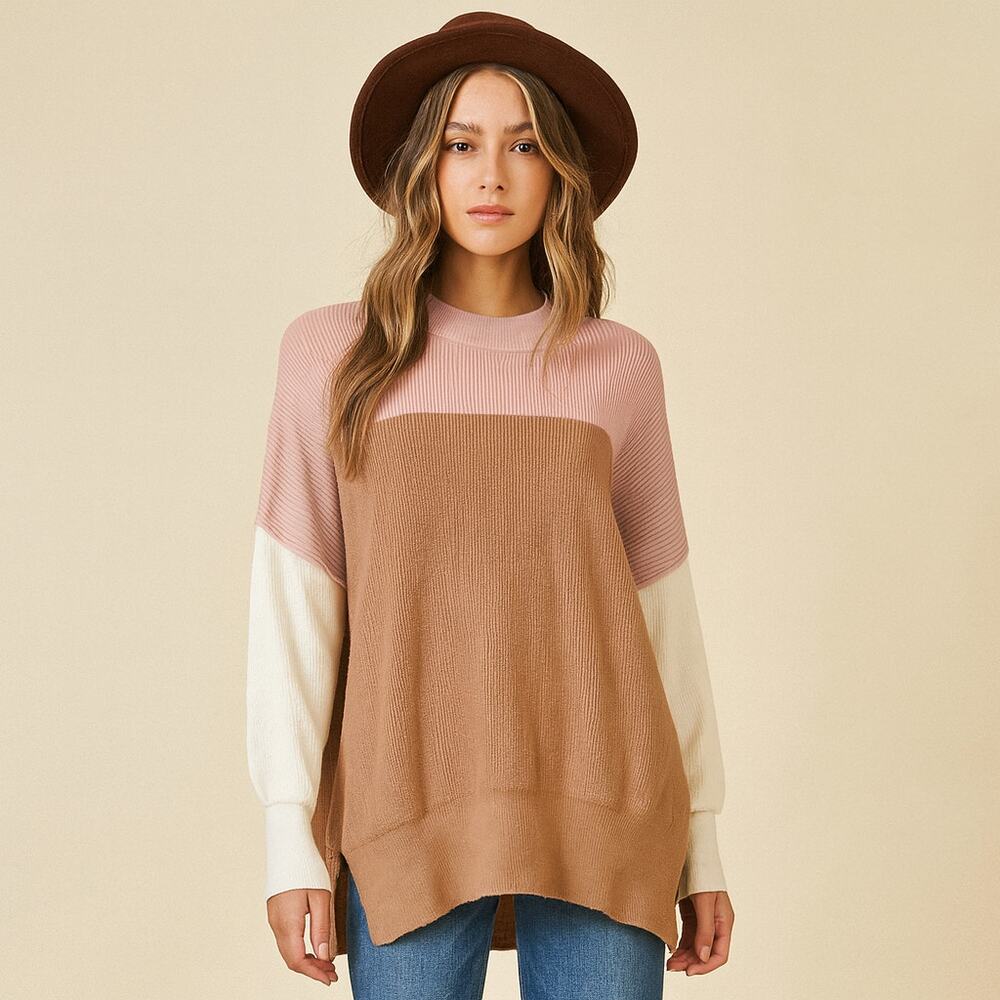 A126 • Tan Multi Colorblock Batwing Ribbed Knit Sweater